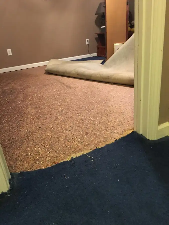 Carpet pad removal revealing water damage during Water Mitigation Services in Gypsum